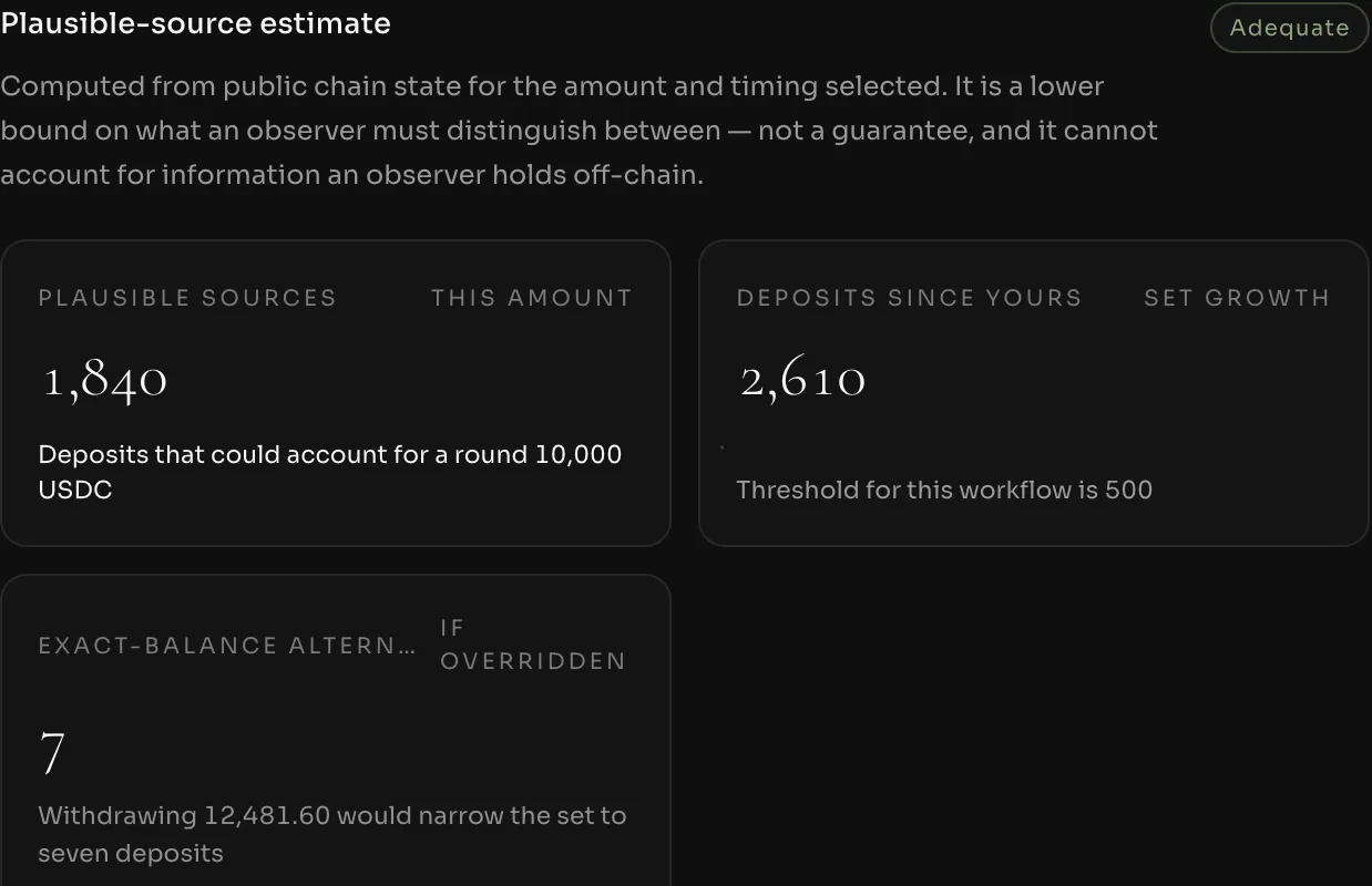 Plausible-source estimate: the number of deposits that could account for the selected amount, and how an exact-balance withdrawal would narrow it.