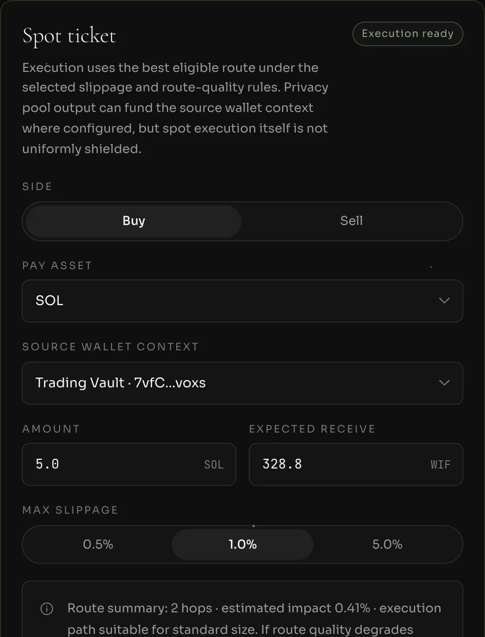 A spot ticket: side, pay asset, source wallet context, amount, expected receive and maximum slippage.